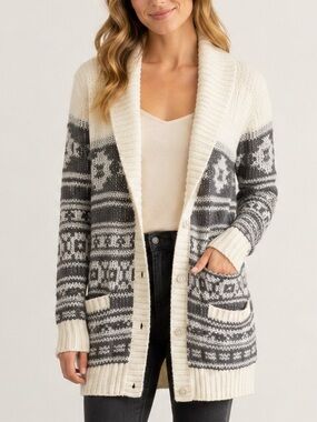 Sun & Shadow Fair Isle Nordic Longline Shawl Cardigan Cream Grey S